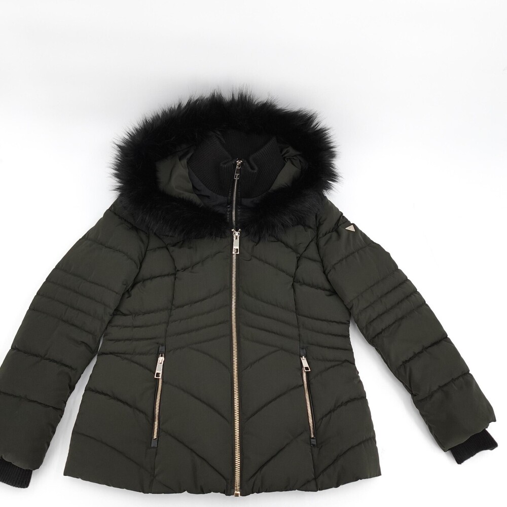 GUESS Jacket Womens Large Green Puffer Hood Faux Fur Trim Zip Pockets Warm - Picture 10 of 16